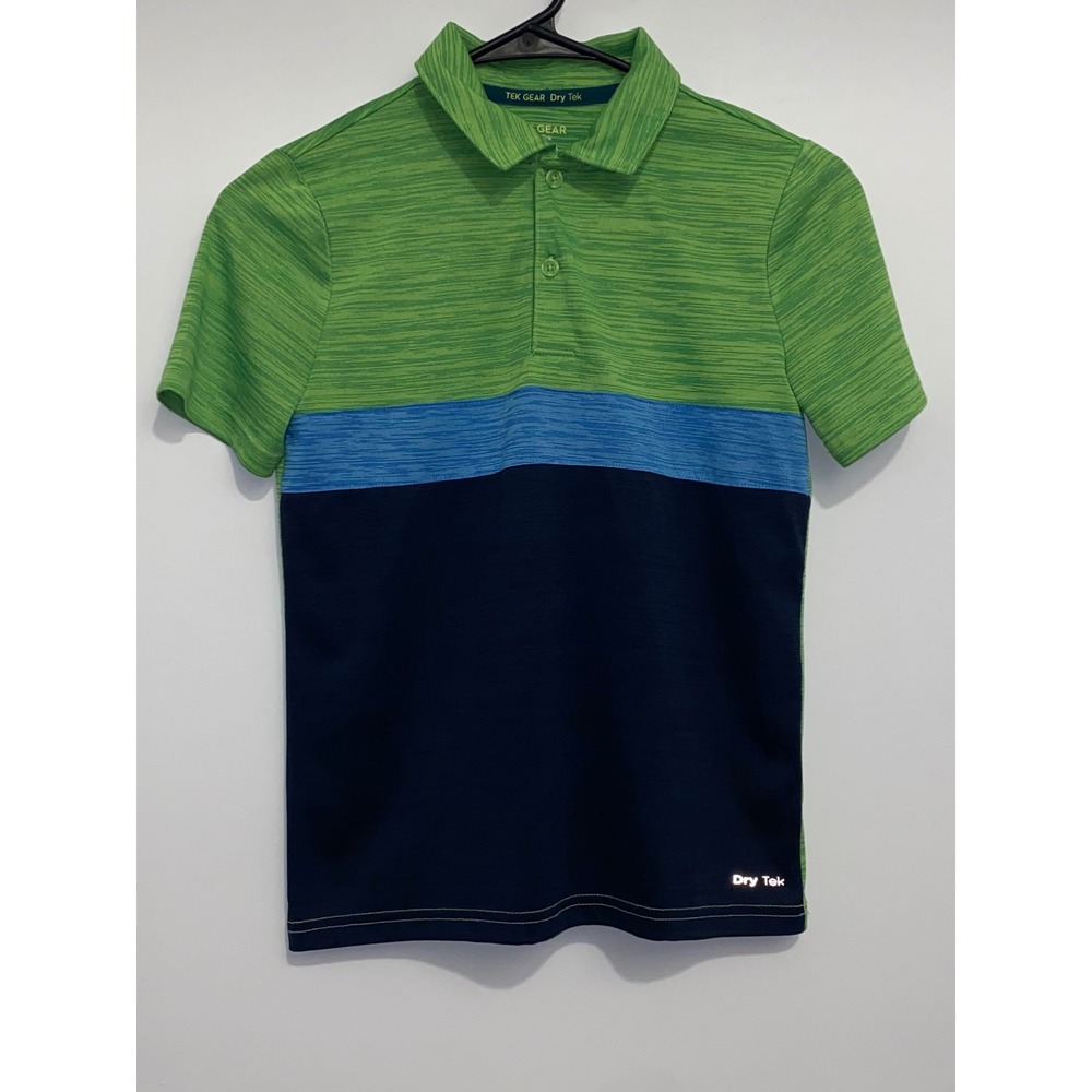 Tek Gear Boys Dry Tek Polo Shirt Green Blue Colorblock Size M 10/12 Short Sleeve